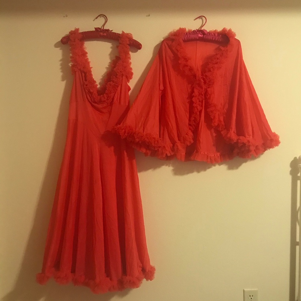 Vintage Rogers Ruffled Red Nightgown + Bed Jacket